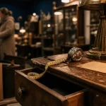 Antiquaire Lille : mètre, lampe Art déco et vendeuse en brocante à Lomme