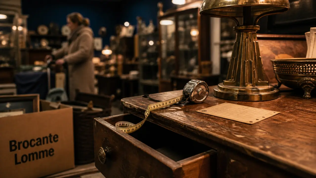 Antiquaire Lille : mètre, lampe Art déco et vendeuse en brocante à Lomme