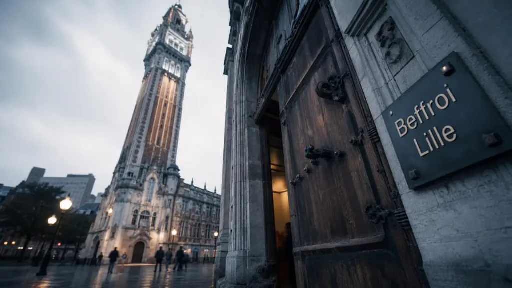 Beffroi de l'hôtel de ville de Lille, vue depuis le parvis