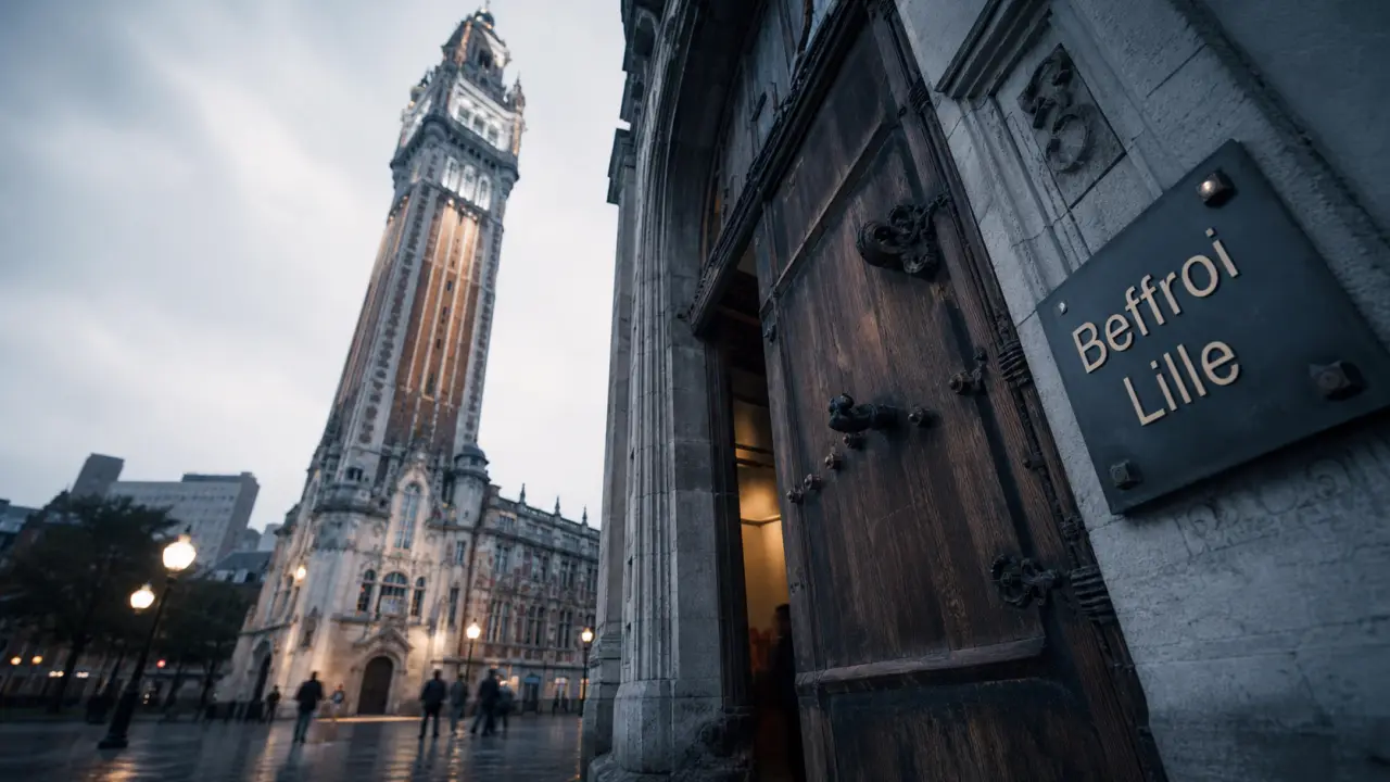 Beffroi de l'hôtel de ville de Lille, vue depuis le parvis