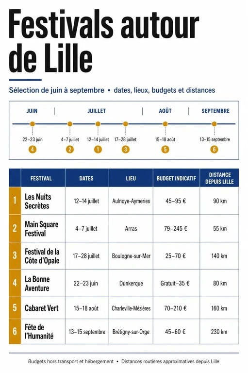 Festival in Lille : panorama comparatif des festivals à Lille et autour de Lille avec dates, budgets et distances