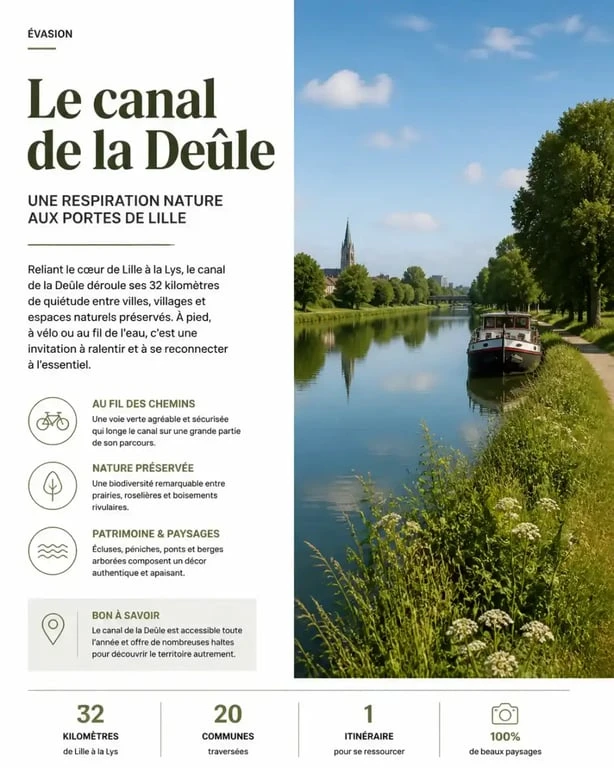 Paysage paisible du canal de la Deûle pour une balade autour de Lille