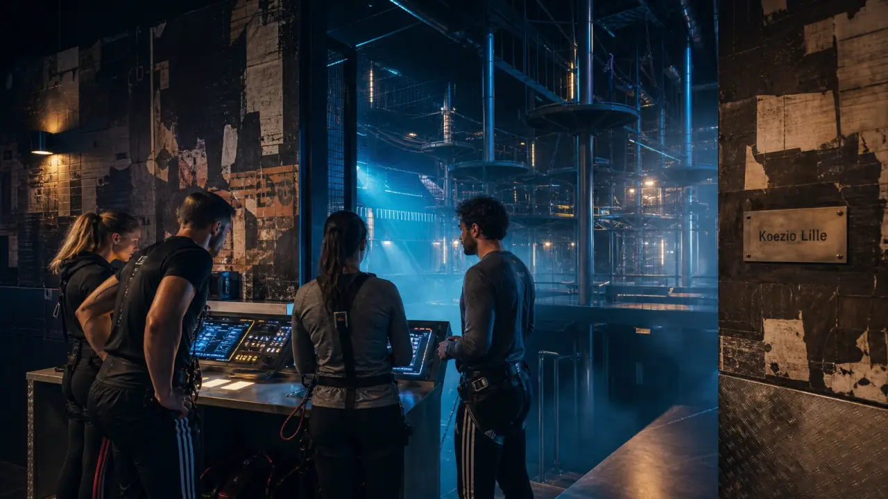 Koezio Lille indoor : équipe autour d’une console, parcours aérien