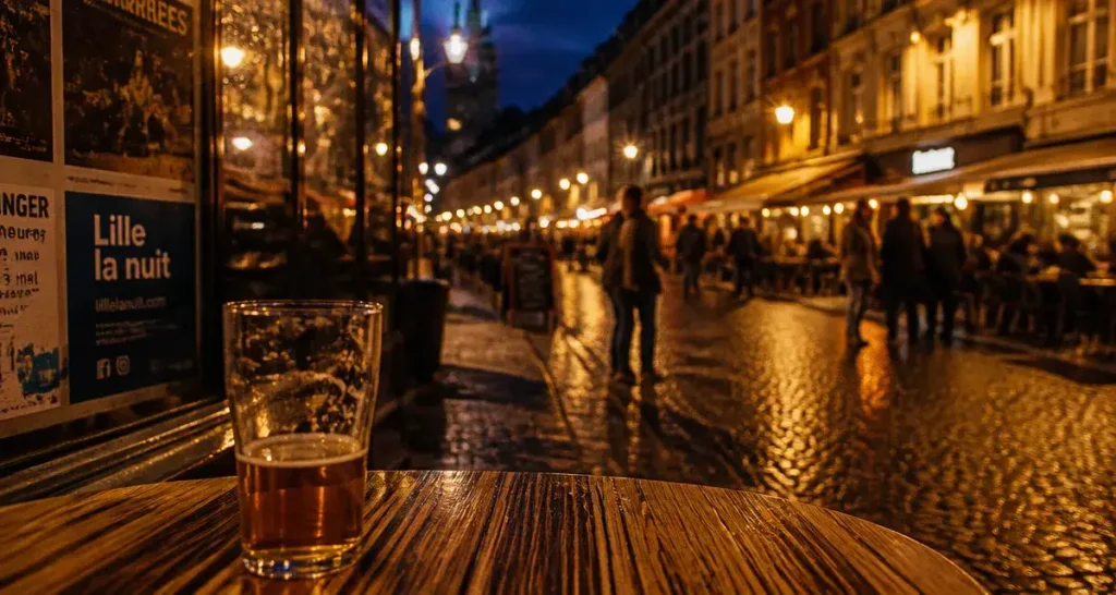 Lille nuit : rue animée et terrasses éclairées, silhouettes au crépuscule