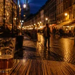 Lille nuit : rue animée et terrasses éclairées, silhouettes au crépuscule