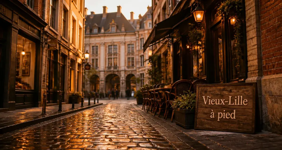 Quartier Lille : Vieux-Lille à pied au golden hour, ruelle pavée