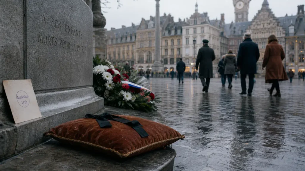Que faire le 11 novembre a Lille : coussin et ruban noirs au monument aux morts à l’Armistice 1918