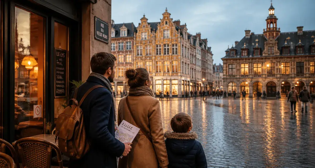 Que faire Lille : Grand-Place Vieux-Lille, famille devant un café