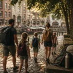 Que faire quand il fait chaud a lille : famille en balade à l’ombre près du canal à Lille