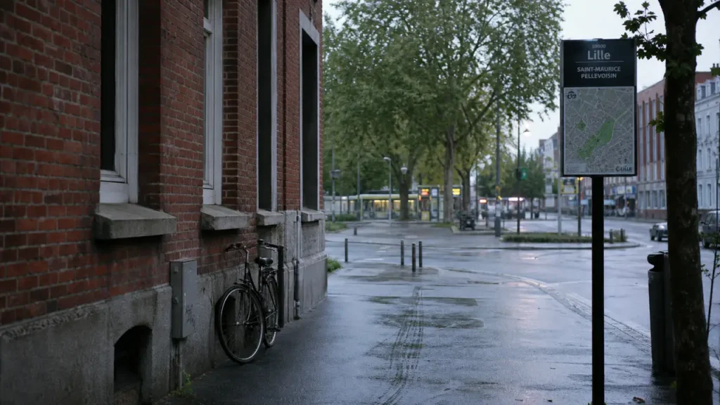 Rue résidentielle de saint maurice pellevoisin lille, trottoir humide et vélos