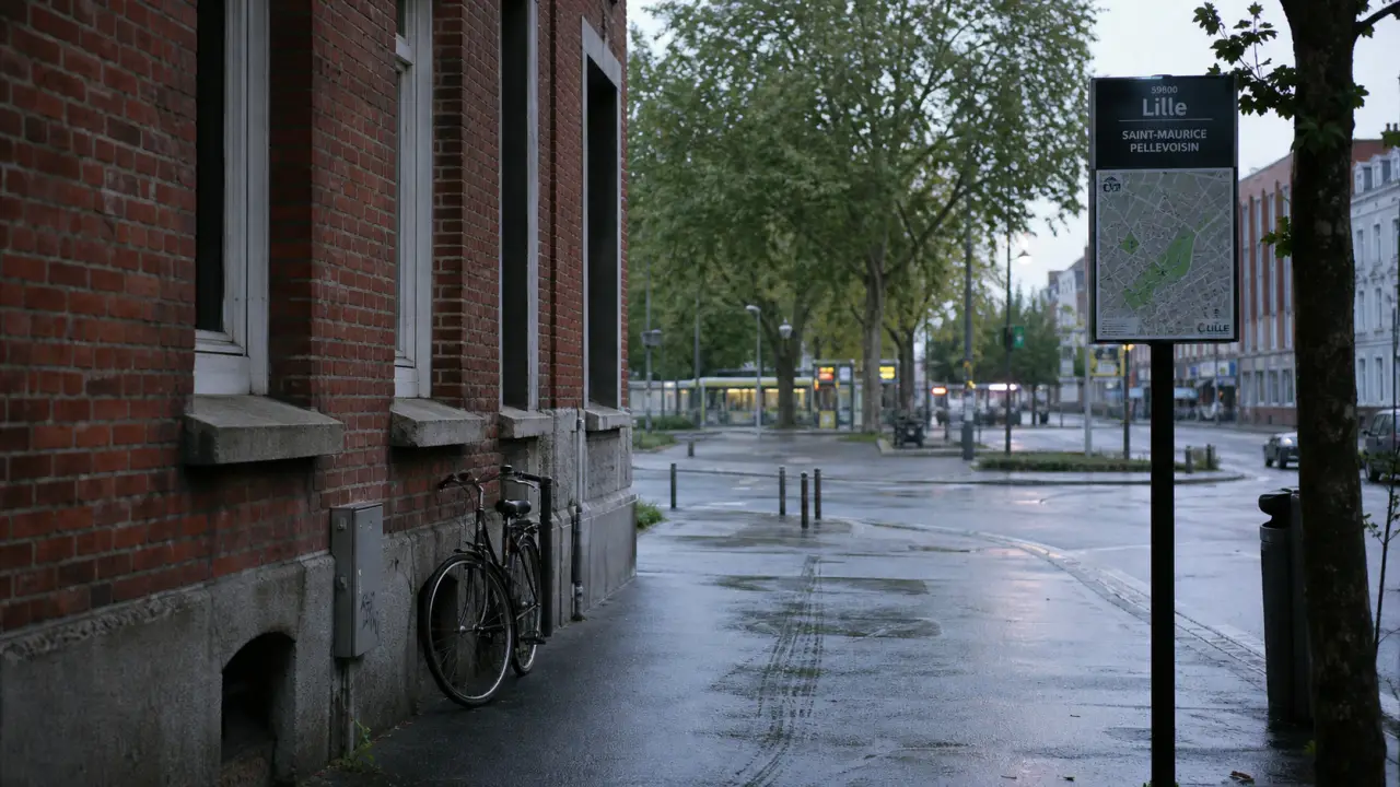 Rue résidentielle de saint maurice pellevoisin lille, trottoir humide et vélos