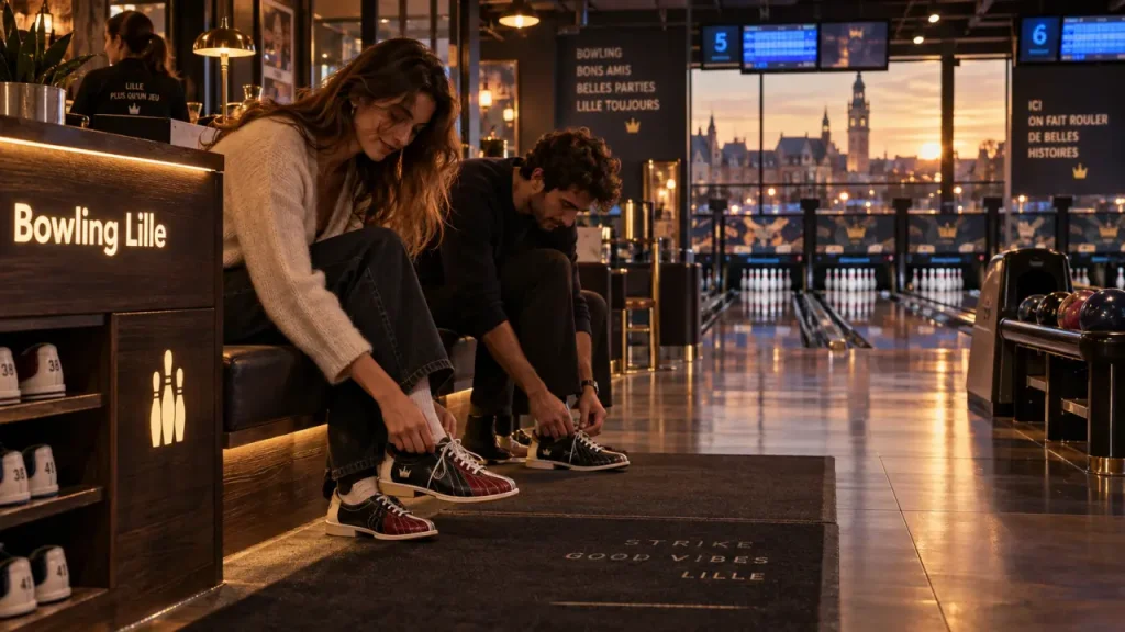 Photo bowling lille : joueurs qui chaussent leurs souliers dans un bowling à Lille