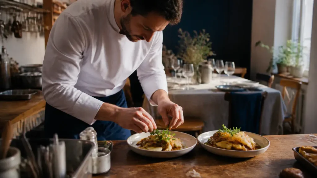 Chef à domicile Lille dressant deux assiettes, sans courses ni vaisselle