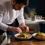 Chef à domicile Lille dressant deux assiettes, sans courses ni vaisselle