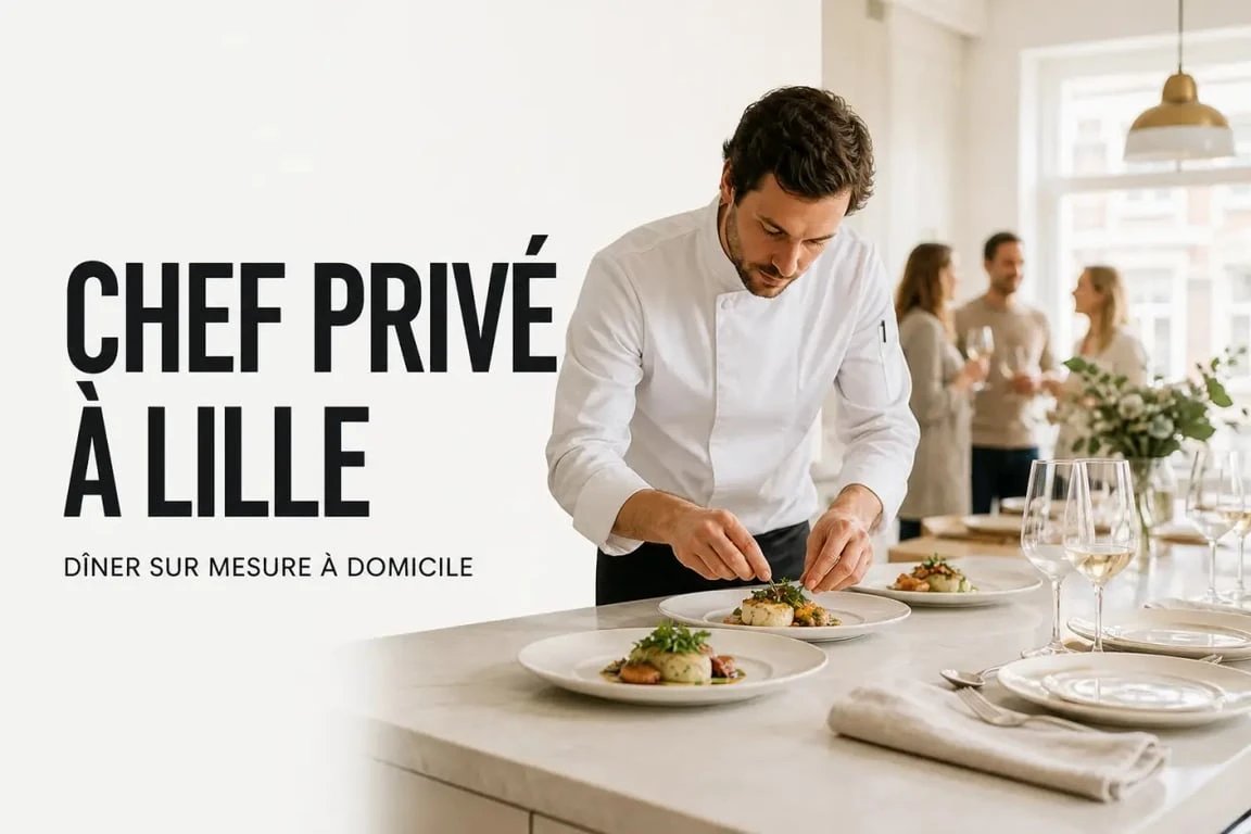 Chef à domicile Lille en train de dresser un dîner privé dans une cuisine d'appartement élégante
