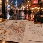 Hotel braderie Lille : carte et plan d’hôtel près de la braderie, rue animée floue