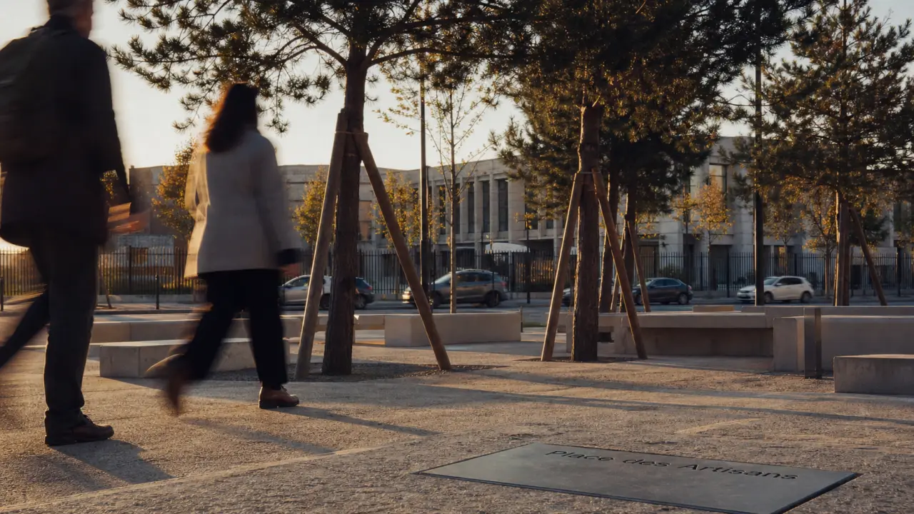 Place des artisans lille : parvis arboré à Lille-Sud, bancs et pins