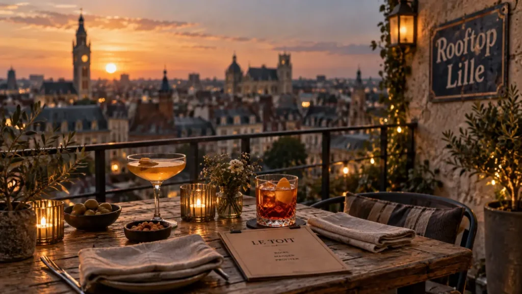 Rooftop bars lille au golden hour : verres et vue sur la ville