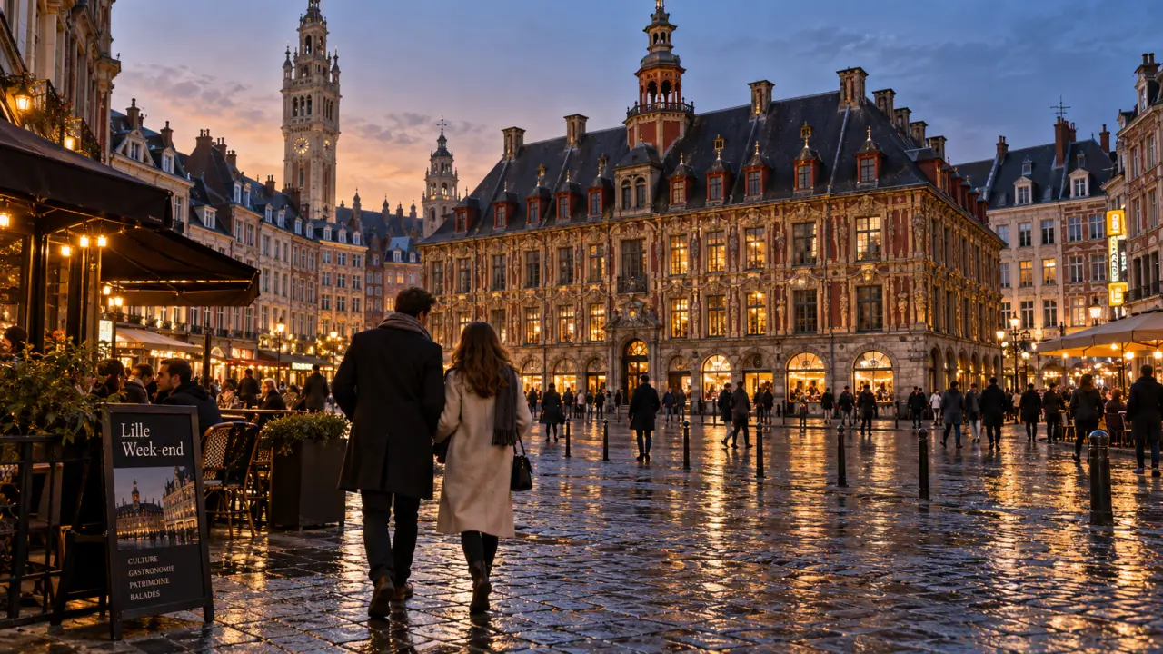 Lille city break : couple marche vers la Vieille Bourse et le beffroi