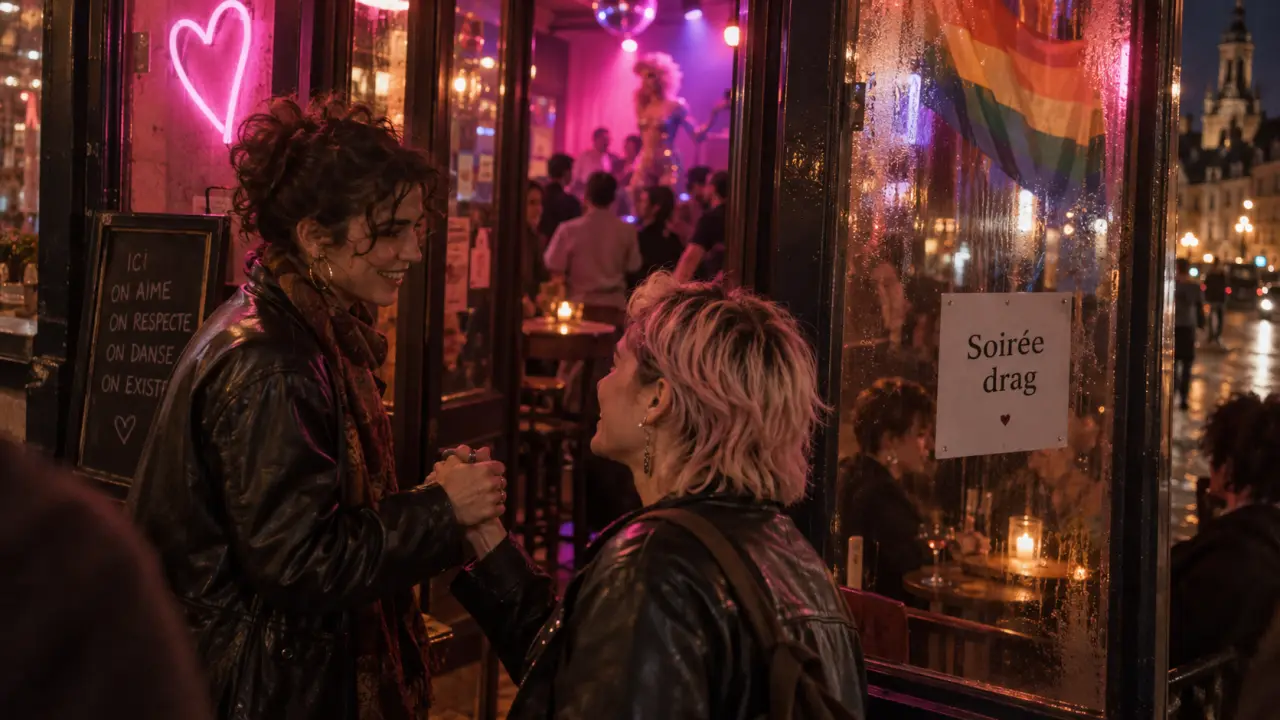 Entrée Lille gay bars, néon rose et ruban arc-en-ciel